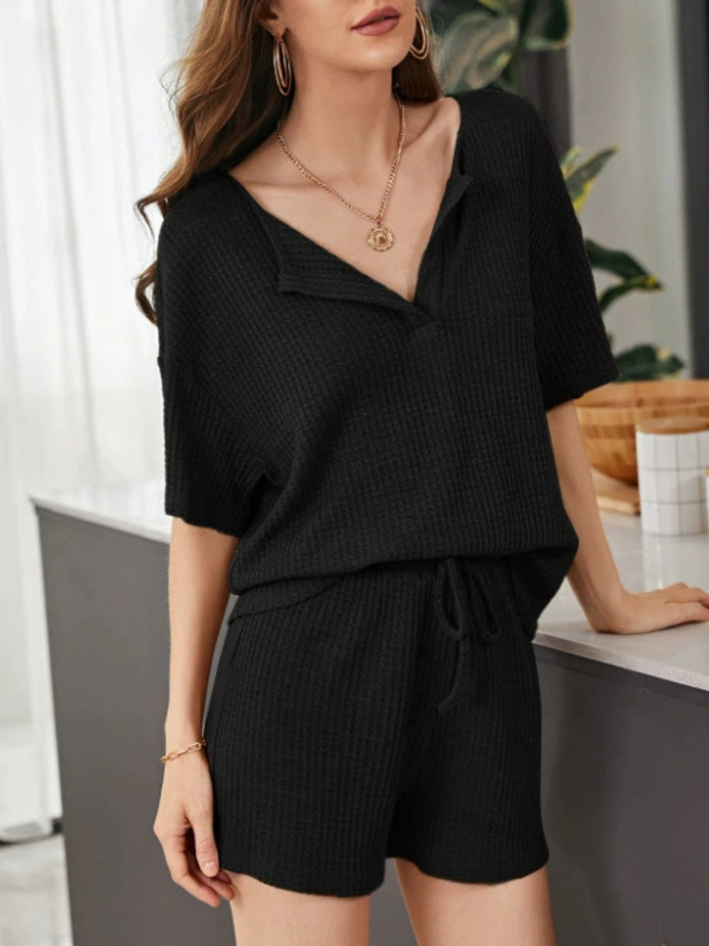 Zara Spring Summer Knit Short Sleeve Shorts Lounge Set Solid Color